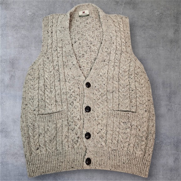 Carraig Donn Sweaters - Vintage Carraig Donn Aran Fisherman Flecked Cable Knit Wool Sweater Vest Large
